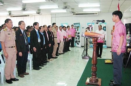 Local government and military officials begin a meeting to discuss a joint typhoon storm surge response plan.